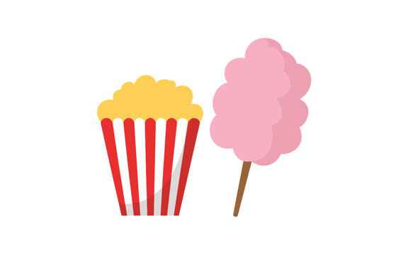 A colorful vector illustration of popcorn and cotton candy on a white background