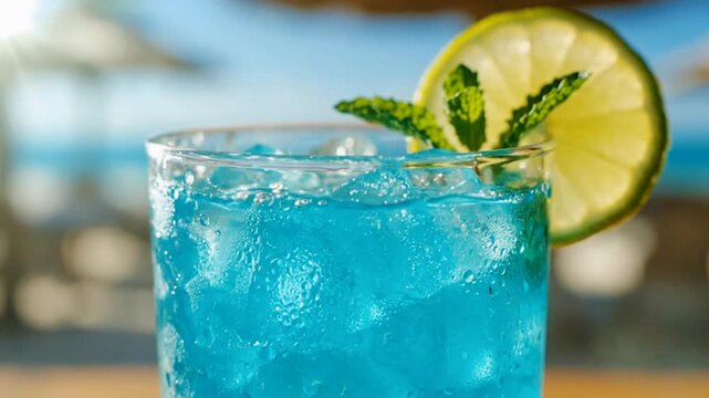 Refreshing blue cocktail with ice, lime, and mint in a sunny outdoor setting.