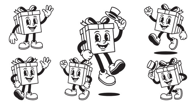 gift box funny cartoon mascot character in different poses