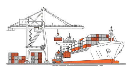 Obraz premium Container Ship at Port Under Crane Loading Containers in a Minimalist Line Art Style with Orange Accents and Maritime Logistics Context