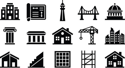 Fototapeta premium Architecture and Construction Icon Set - Black Vector Silhouette Icons of Buildings, Infrastructure, and Engineering