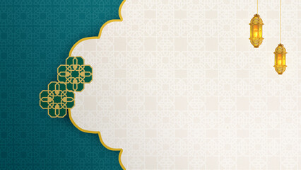 Elegant Islamic background featuring teal and gold geometric patterns, decorative lanterns, and copy space for Ramadan Kareem, Eid Al Fitr, or Mawlid greeting cards © Leo Lintang