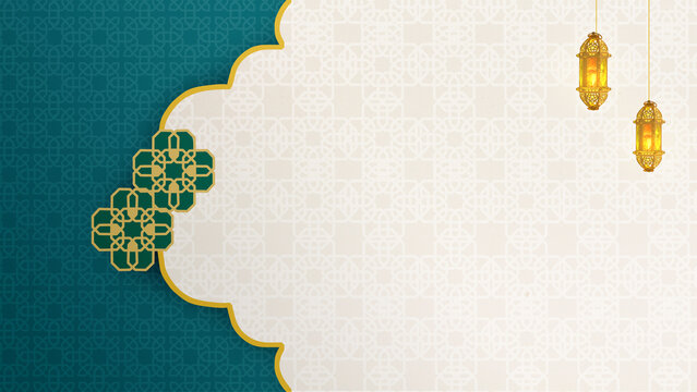 Elegant Islamic background featuring teal and gold geometric patterns, decorative lanterns, and copy space for Ramadan Kareem, Eid Al Fitr, or Mawlid greeting cards