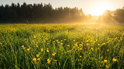 Naklejka premium Sunset over a field of yellow flowers with trees in the background