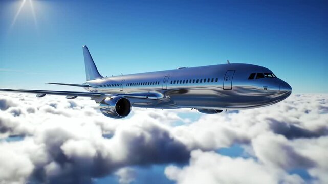 A shiny silver passenger airplane is flying high above a thick layer of f white clouds on a sunny day.