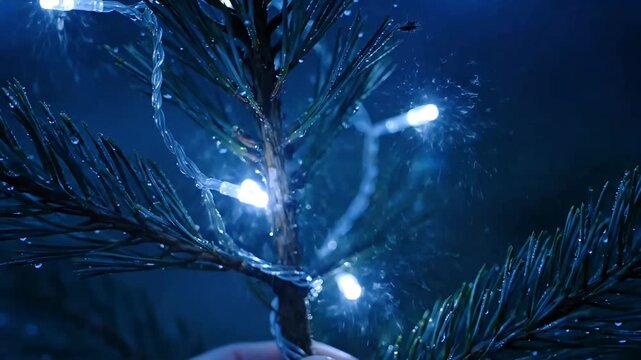 Close-up of a small pine branch adorned with glowing blue fairy lights, creating a magical and festive atmosphere.