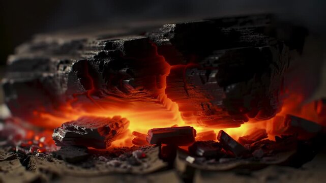 A glowing ember burns brightly, casting a warm light on the surrounding dark charcoal pieces in the background.