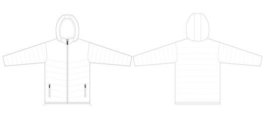 Hooded Puffer Jacket Front and Back View Technical Vector Template © Toor graphic