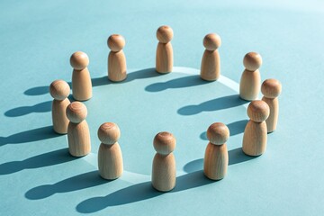 Obraz premium Group of wooden figures arranged in a circle on a blue background, symbolizing community and teamwork