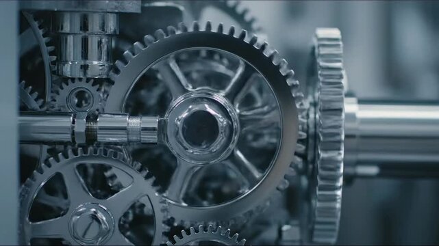 Close-up of intricate silver gears rotating smoothly, showcasing precision engineering and mechanical movement in