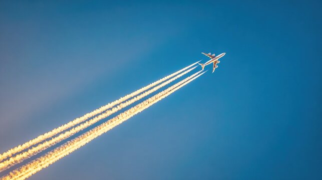 contrail. Airplane ascending into the sky at sunset with white contrails and motion blur effect. inspiring travel planning, mobility guides, designed for mobility and urban transit guides.