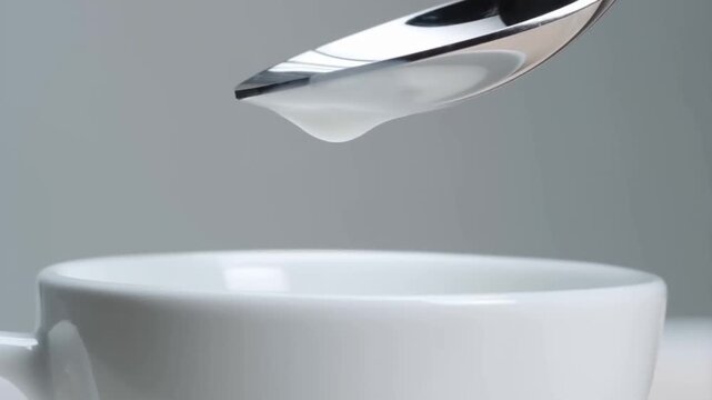 Perfect white milk droplet falling from silver spoon into pure white ceramic cup, smooth sphere, minimal studio light, clean reflection. Concept for premium dairy aesthetics