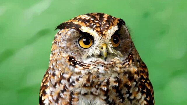 Brown owl with yellow eyes on green background