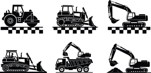 Black silhouette set of construction machinery including excavator, bulldozer, road roller, and dump truck isolated on white background for industrial building. © "Hello"