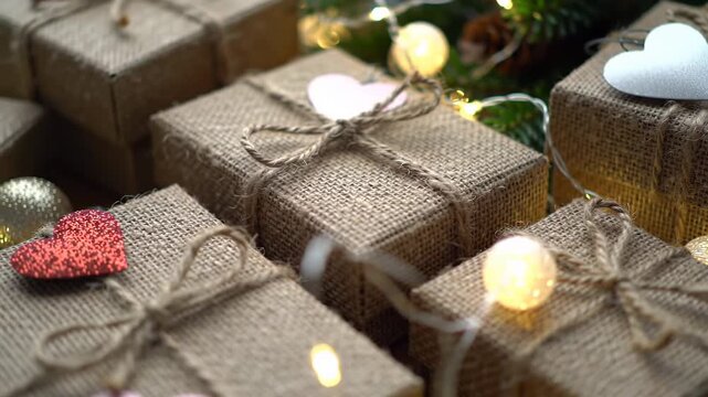 Close-up shows burlap-wrapped gift boxes adorned with heart-shaped decorations and string lights, creating a festive