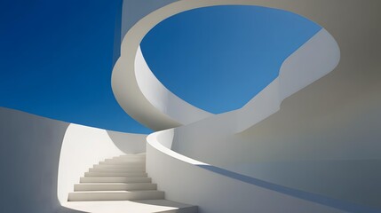 Abstract architectural curves, white concrete, blue sky background, shadow play