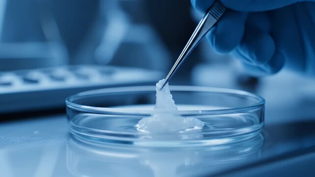 Scientist Holding Gel Substance With Tweezers Over Petri Dish in Laboratory With Blue Tones