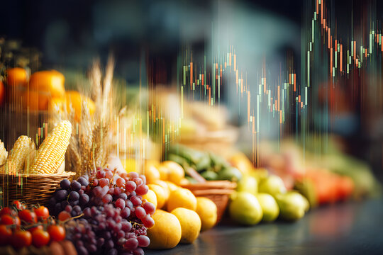 Import, export trade in agriculture and economic. Agricultural products, such as rich paddy, grains, fruits, vegetables, tomato, blended with stock market graph, representing data is background.