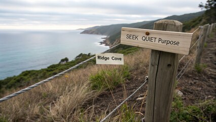 Tranquil Coastal Pathway with Wooden Signage for Seeking Quiet and Purpose Near Ridge Cove Overlooking Serene Ocean View