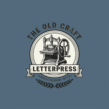 Vintage printing press logo, engraved typography elements.eps