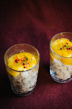 chilled rice porridge desserts in elegant glasses