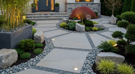 Naklejka premium Beautifully landscaped backyard garden pathway with modern stone paving and lush green plants