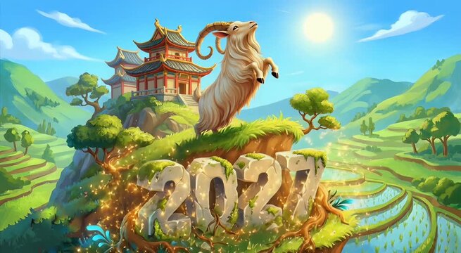 2027 The Chinese New Year symbolizes goat year an Earth Goat year with Chinese temple in daylight