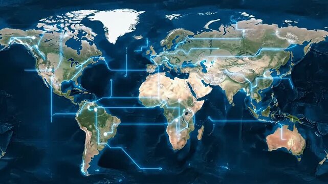 Detailed world map illustration shows continents and oceans in a global representation, offering a geographical