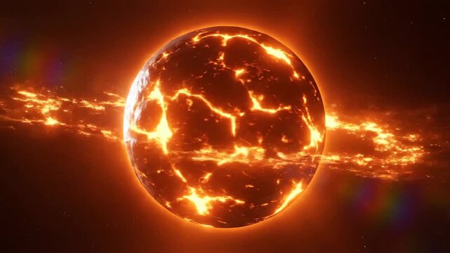A glowing planet with a cracked surface is surrounded by a ring of fire in deep space, creating a dramatic