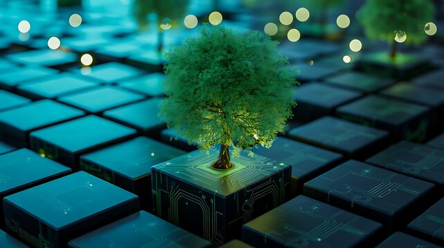 Green tree growing on digital cube platform with environmental technology concept