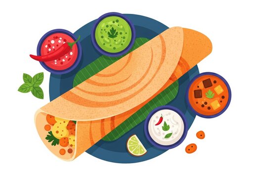 Colorful illustration of dosa with chutneys and spices on a plate