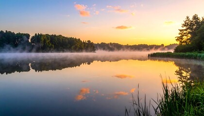 Obraz premium Serene lake at sunrise with fog and trees