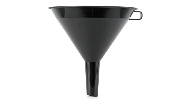 A black funnel with a handle on a white background