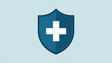 Fototapeta premium Modern shield icon with white cross on blue background for protection and safety concepts