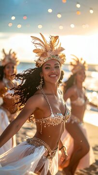 Joyful Brazilian Carnival Dancers on a Sunny Beach.