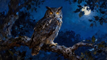 古典油彩で描く夜のフクロウ肖像
