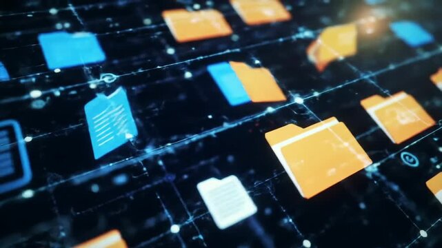 Digital file folders are floating on a dark background with a network connection, symbolizing data management.