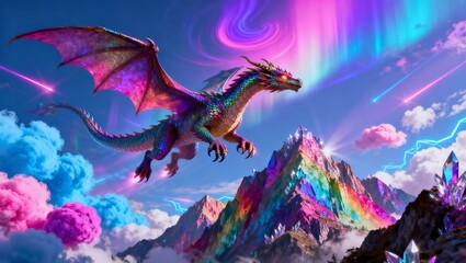 虹色の山々を舞う威厳あるドラゴン