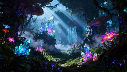 発光する魔法植物に満ちた水晶の森王国