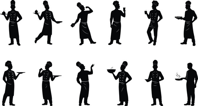 Set of professional chef silhouettes cooking, serving food, tasting, holding trays, and frying in uniform, CAD drawing flat vector illustration for kitchen designs.