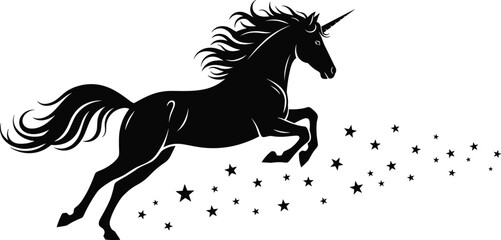 Unicorn silhouette leaping with flowing mane and tail, fantasy animal illustration, mythical creature icon, vector design element © Mozibur