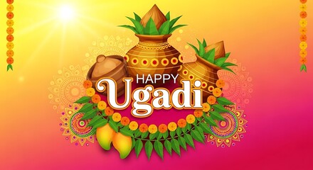Vibrant Ugadi Celebration with Traditional Pots and Fruits Displayed