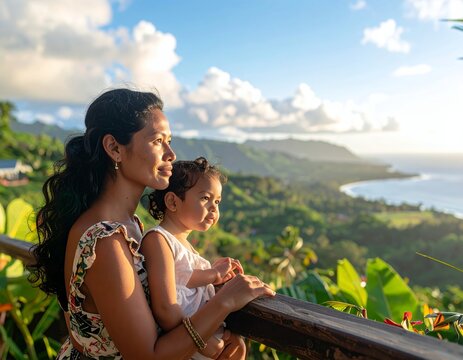 Mother and child enjoying a scenic view of the ocean and lush landscape.