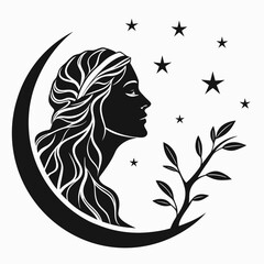 A woman's silhouette on a crescent moon with stars and leaves © Ferdou