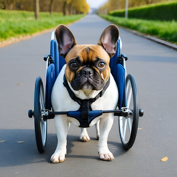 Dog with disabilities on a walk. Disabled french bulldog walking in wheelchair. Dog's mobility problems. Paralysed dog in wheel cart