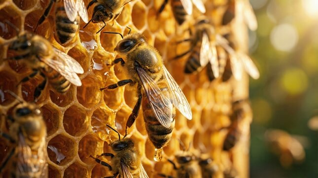 Honeycomb with glistening honey and worker bees clustered on hexagonal comb cells with a single droplet forming on a bee abdomen representing agriculture beekeeping and sustainable food production