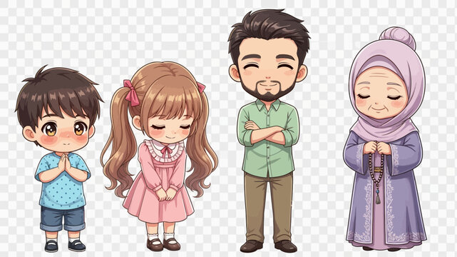 Keluarga Muslim Chibi Berpose Ilustrasi