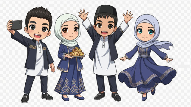 Happy Muslim Kids Celebrating Eid al-Fitr or Ramadan