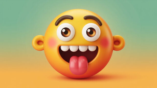 A cheerful cartoon emoji with a big smile and tongue out on a colorful background