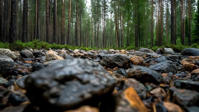 y riverbed leads the eye into a dense forest with tall trees and lush green undergrowth in the distance.
